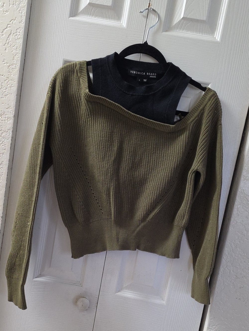 Veronica Beard Olive Off-Shoulder Knit Sweater, Size S